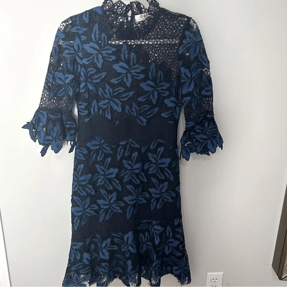 Sea NY Floral Mosaic Crochet Blue Fit N Flare Dress Size 6 - Picture 1 of 10
